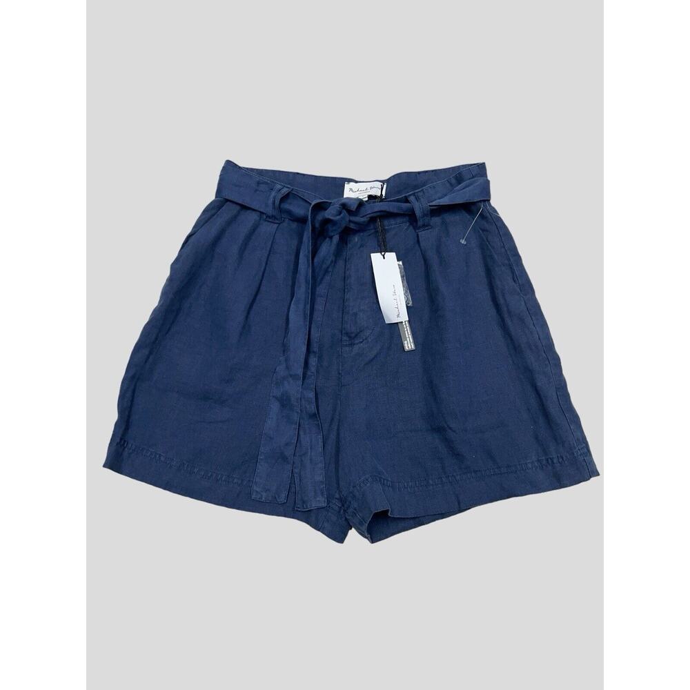 MICHAEL STARS Shorts S‎ Blue Pleated Woven All LINEN Wide Leg Tie Belt Pockets